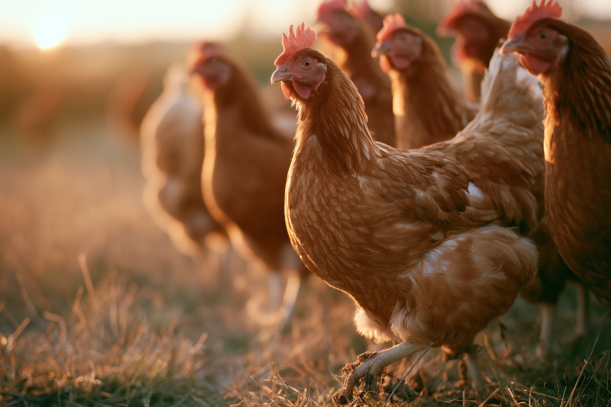 Brown laying hens walking through dry grass in low evening sunlight
