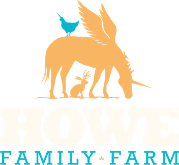 Howe Family Farm logo: a winged unicorn grazing, with a unicorn hen on its back and a jackalope beneath